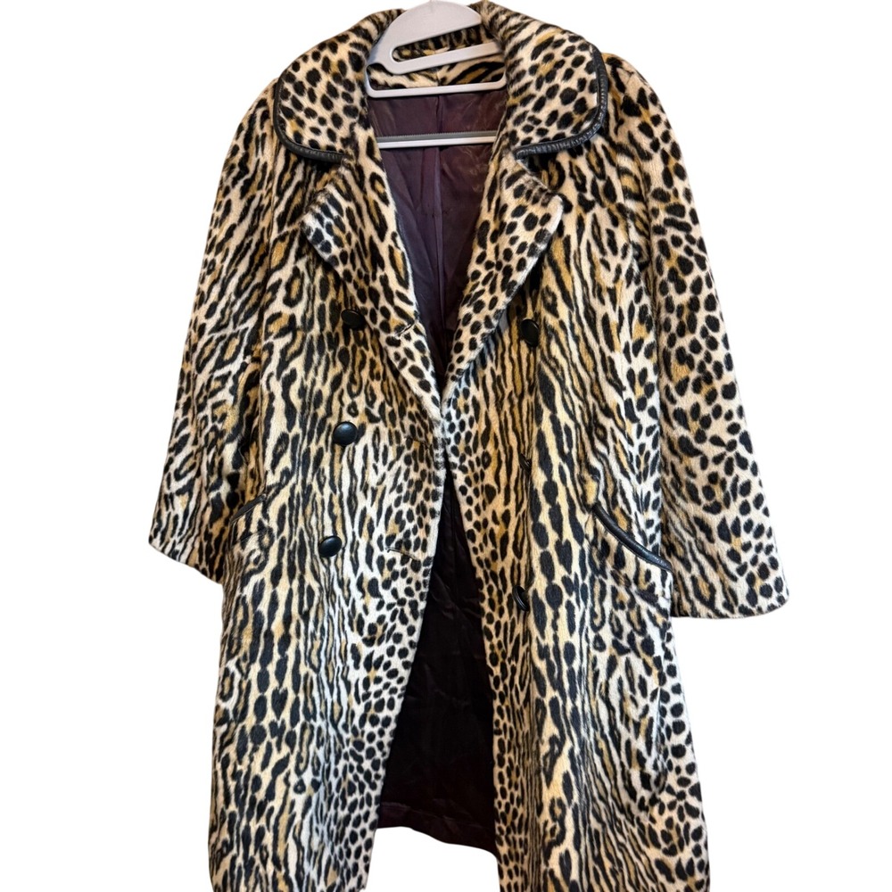 Vintage Safari Sportowne Leopard Faux‎ Fur Coat Double Breasted Animal Print L - Picture 2 of 16